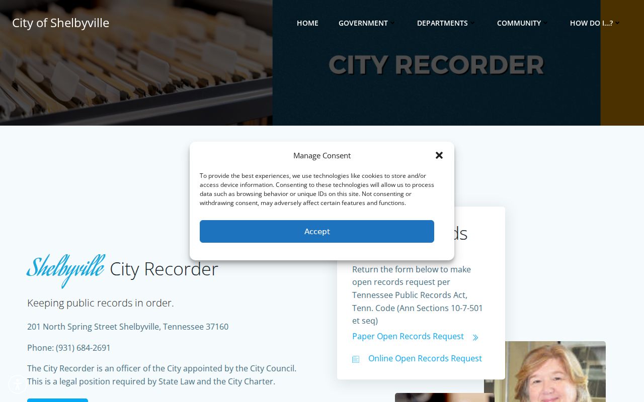 Shelbyville people search City Recorder public records request page