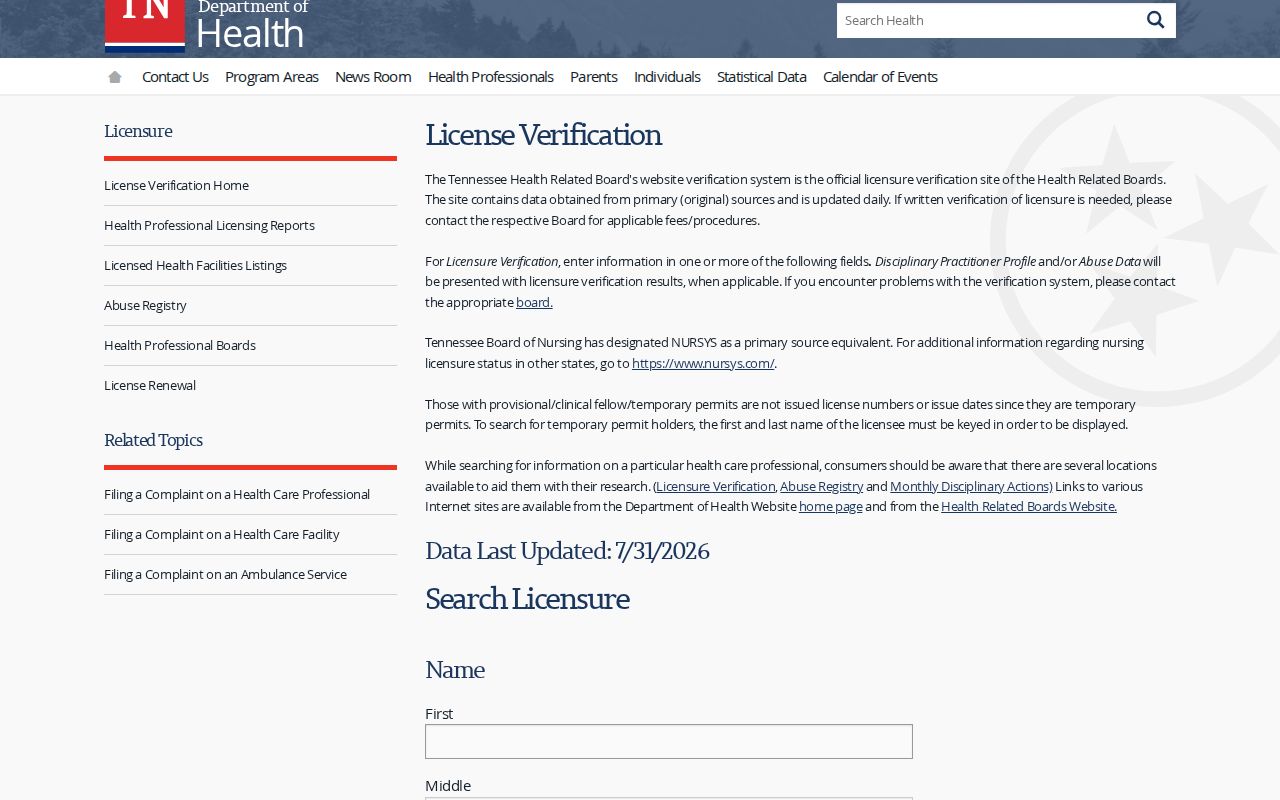 Shelbyville public records search fields for Tennessee health licenses